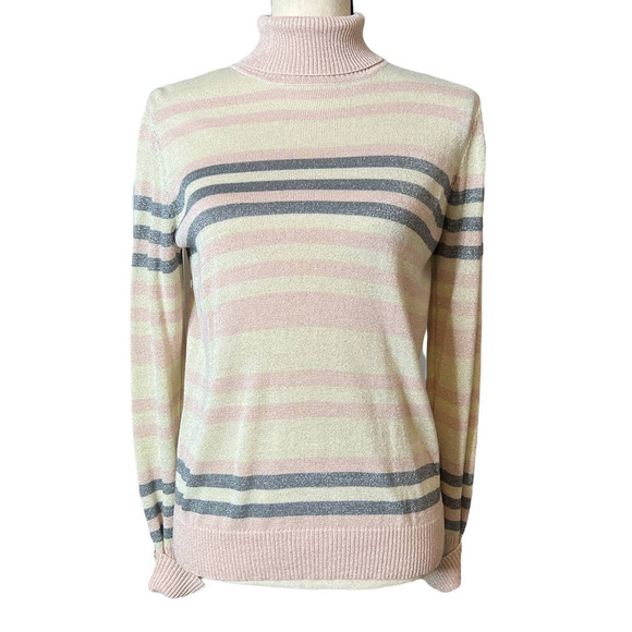 Joseph A Turtleneck Sweater Size Petite Large in Metallic Stripe Pink and Gray - Picture 1 of 6